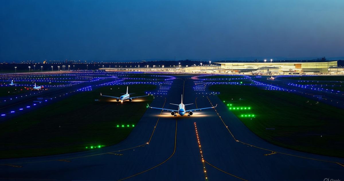 A wide airport taxiway with yellow centerlines and blue edge markings, flanked by green grass, leading toward a modern terminal building with several parked airplanes in the background under a cloudy sky.